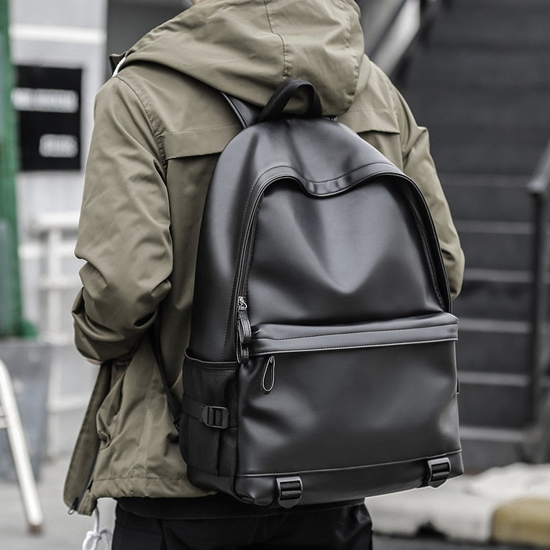 Nova moda masculina mochila de couro preta de escola para adolescentes