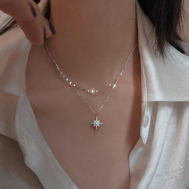 S925 sterling silver star moon colar duplo mulheres