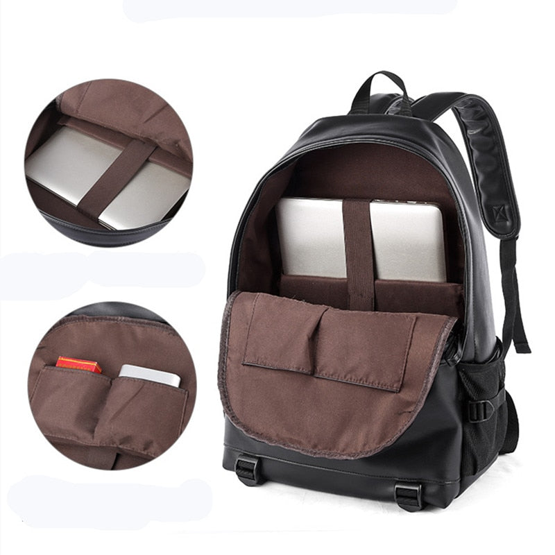 Nova moda masculina mochila de couro preta de escola para adolescentes