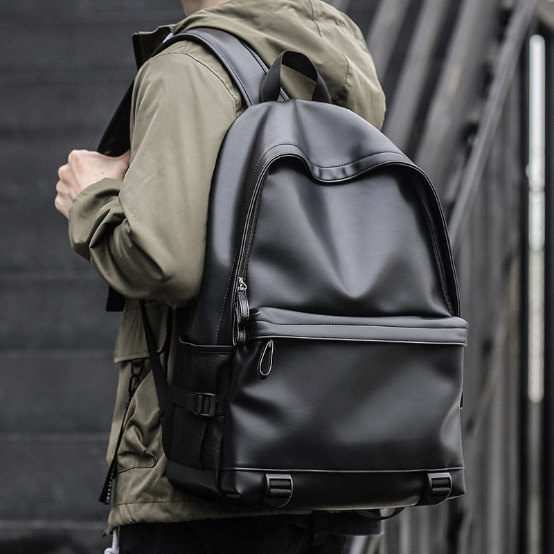 Nova moda masculina mochila de couro preta de escola para adolescentes