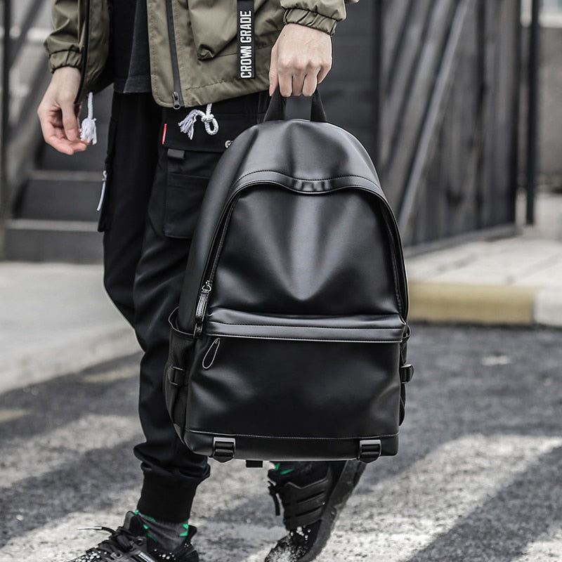 Nova moda masculina mochila de couro preta de escola para adolescentes