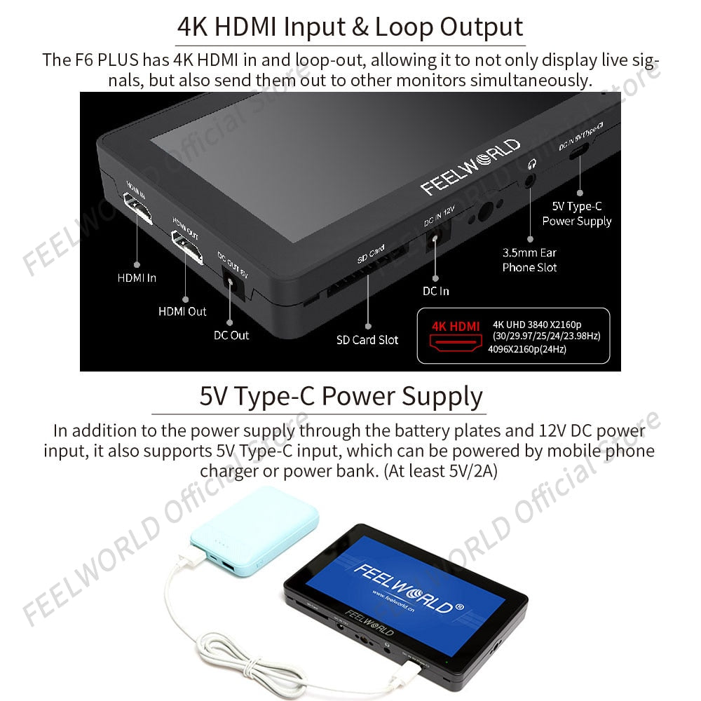 Feelworld f6 plus v2 6 Polegada câmera dslr campo monitor 3d lut tela