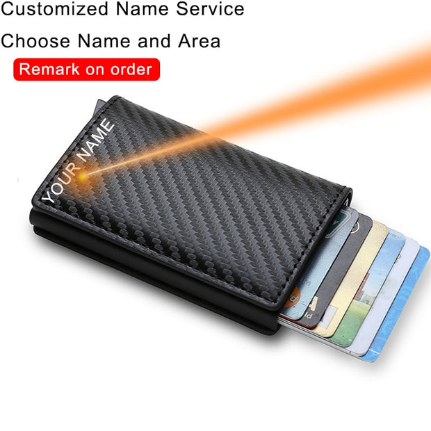 Benutzerdefinierte Kartenhalter Herren Geldbörsen RFID Schwarz Carbonfaser Leder Minimalistische Geldbörse Geschenke für Männer Personalisierte Carteira Masculina