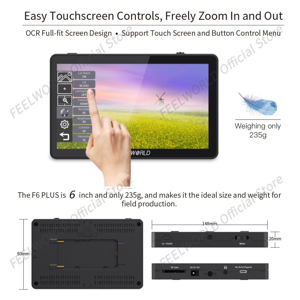 Feelworld f6 plus v2 6 Polegada câmera dslr campo monitor 3d lut tela