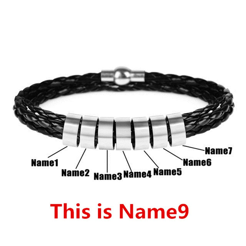 Pulseira masculina de couro trançado com nomes