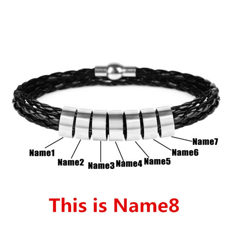 Pulseira masculina de couro trançado com nomes