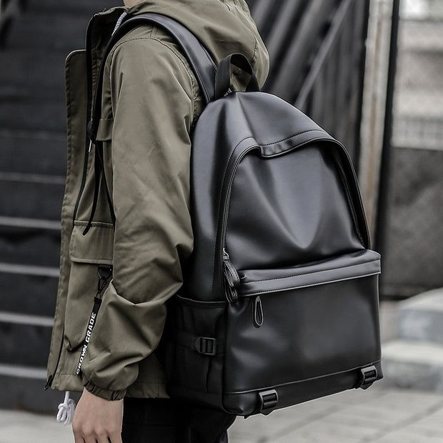 Nova moda masculina mochila de couro preta de escola para adolescentes