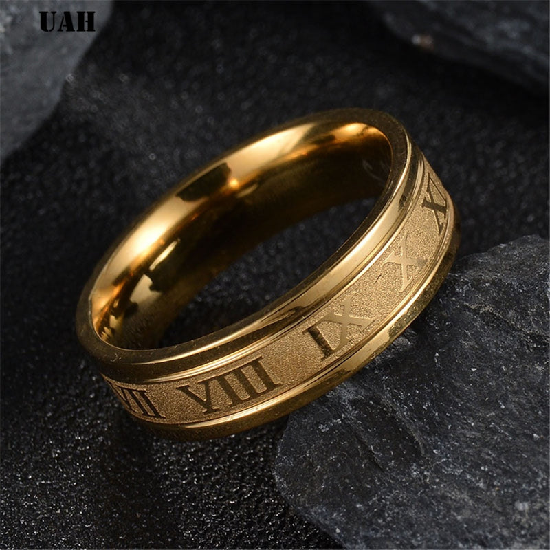 Uah 6 mm 316l anel de banda de casamento de aço inoxidável numerais romanos ouro preto legal punk anéis para mulheres masculinas moda jóias