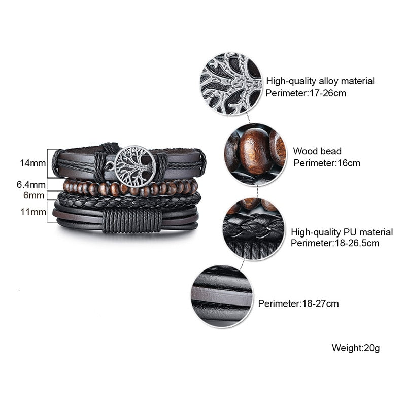 Vnox 4 pcs/set trançado wrap pulseiras de couro para homens vida do vintage árvore leme charme contas de madeira étnicas pulseiras tribais