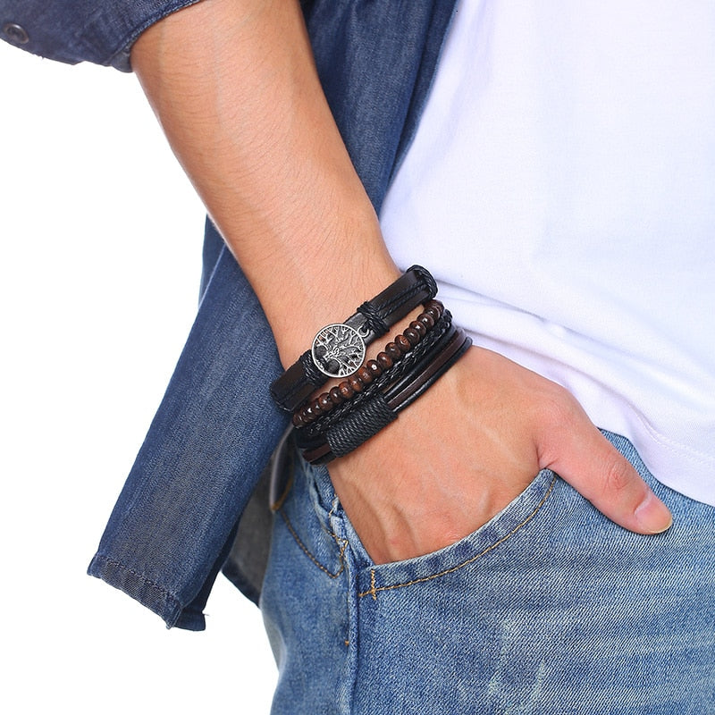 Vnox 4 pcs/set trançado wrap pulseiras de couro para homens vida do vintage árvore leme charme contas de madeira étnicas pulseiras tribais