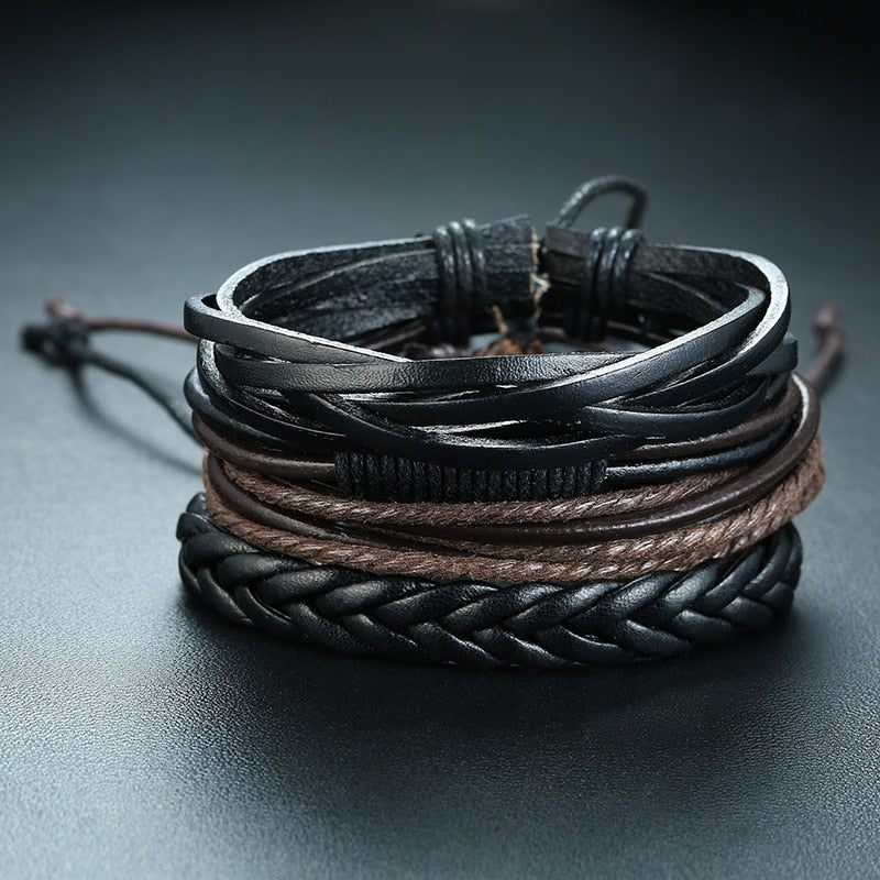Vnox 4 pcs/set trançado wrap pulseiras de couro para homens vida do vintage árvore leme charme contas de madeira étnicas pulseiras tribais