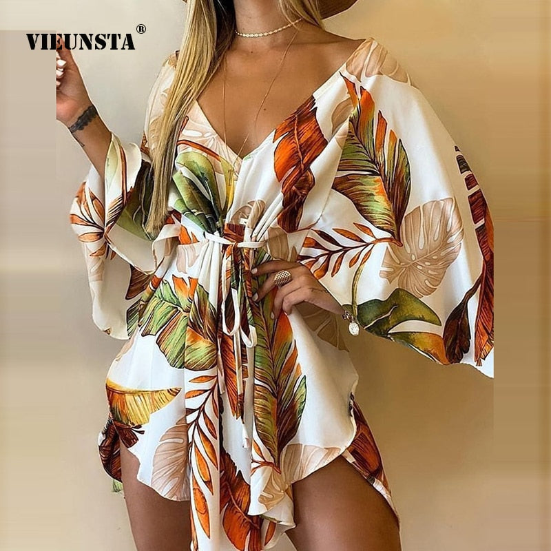 Novas mulheres do verão vestidos elegantes sexy v pescoço lace-up floral impresso