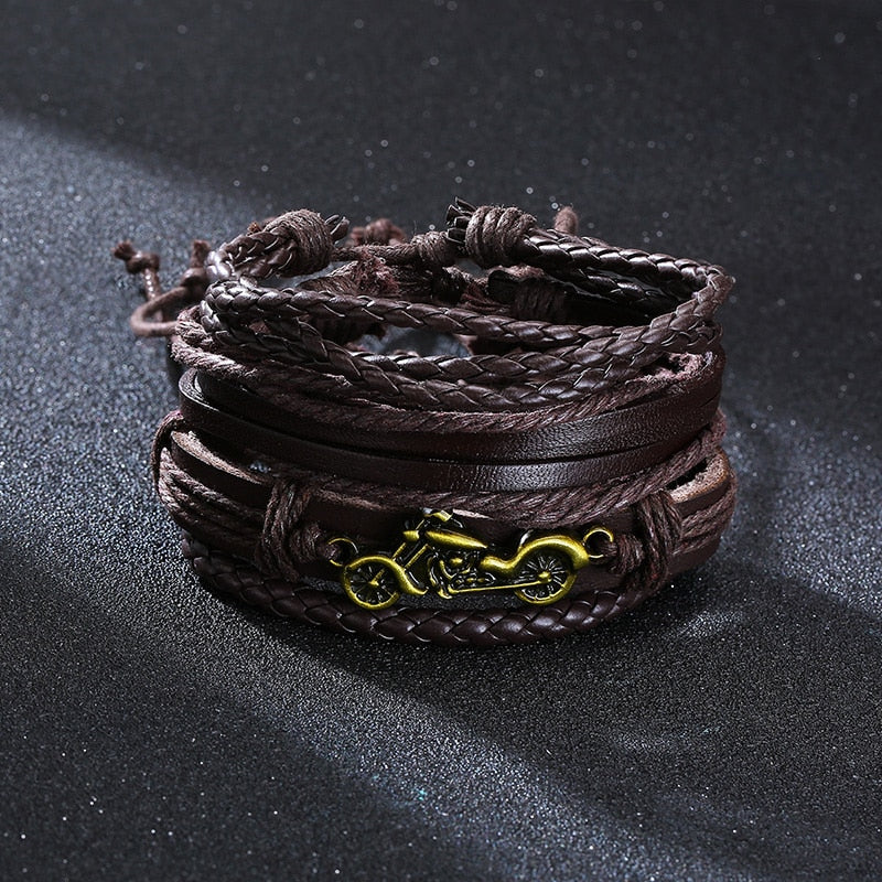 Vnox 4 pcs/set trançado wrap pulseiras de couro para homens vida do vintage árvore leme charme contas de madeira étnicas pulseiras tribais