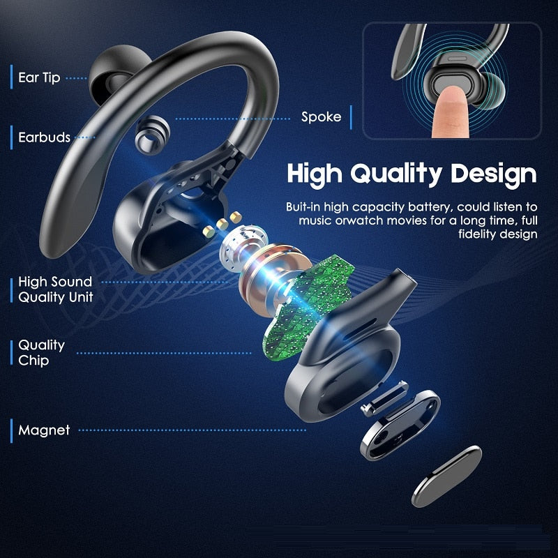 Tws fones de ouvido bluetooth com microfones esporte orelha gancho display led fones de ouvido estéreo hifi fones de ouvido fones de ouvido à prova d' água