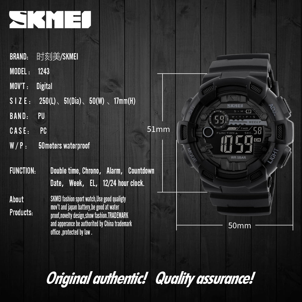 SKMEI Homens Esportes Relógios 50 M À Prova D' Água Back Light Tempo de Choque Duplo