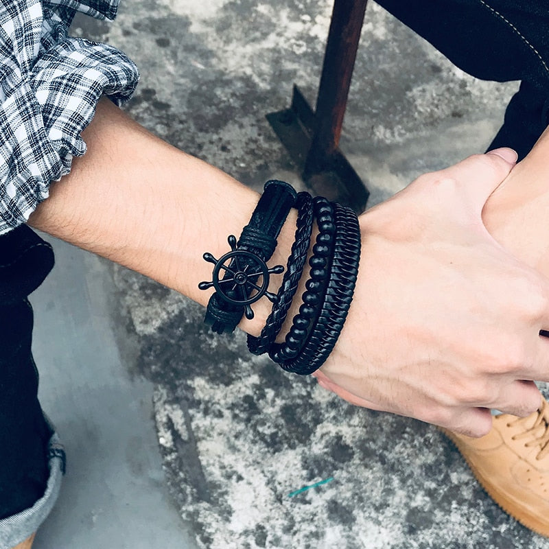 Vnox 4 pcs/set trançado wrap pulseiras de couro para homens vida do vintage árvore leme charme contas de madeira étnicas pulseiras tribais