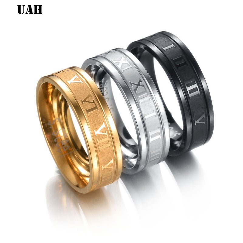 Uah 6 mm 316l anel de banda de casamento de aço inoxidável numerais romanos ouro preto legal punk anéis para mulheres masculinas moda jóias