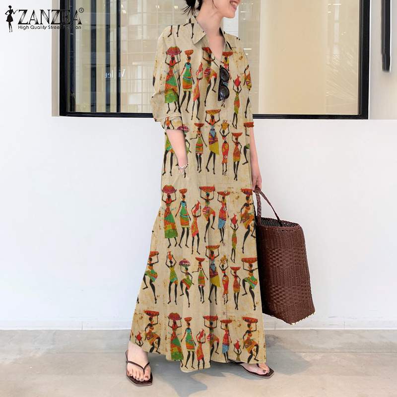 vestido de verão zanzea casual manga longa