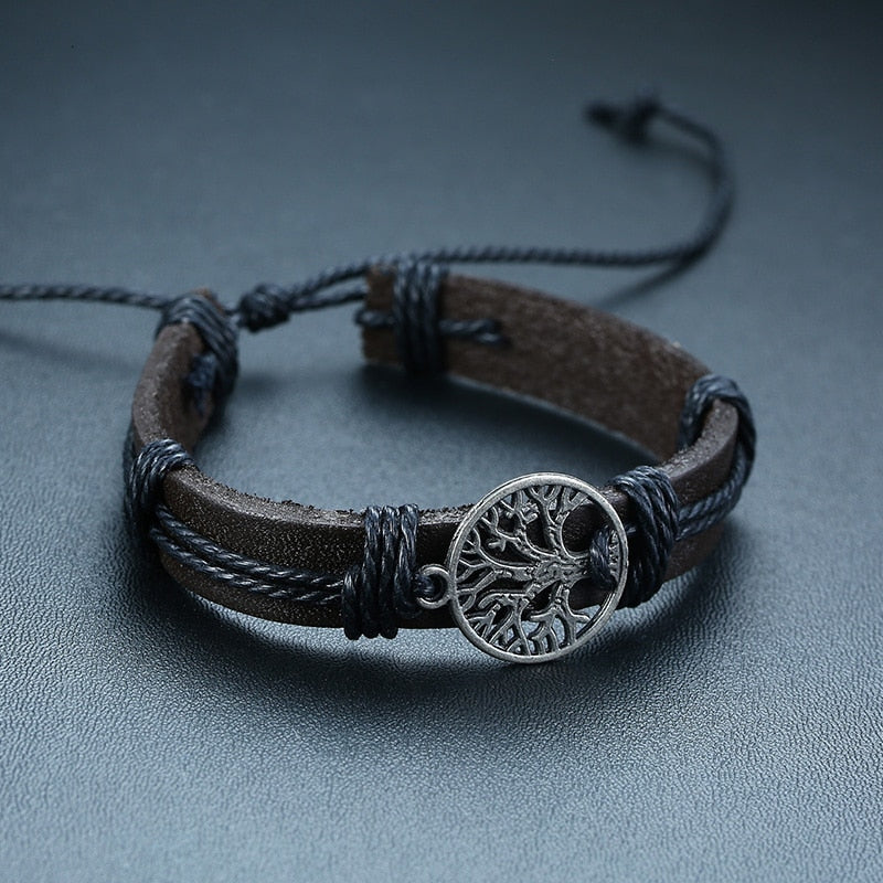 Vnox 4 pcs/set trançado wrap pulseiras de couro para homens vida do vintage árvore leme charme contas de madeira étnicas pulseiras tribais