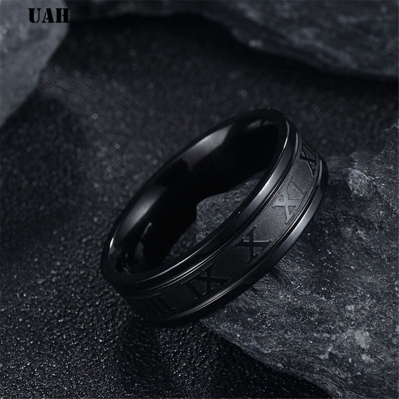 Uah 6 mm 316l anel de banda de casamento de aço inoxidável numerais romanos ouro preto legal punk anéis para mulheres masculinas moda jóias