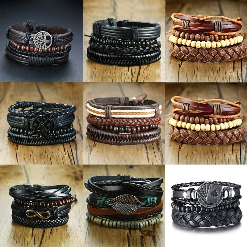 Vnox 4 pcs/set trançado wrap pulseiras de couro para homens vida do vintage árvore leme charme contas de madeira étnicas pulseiras tribais