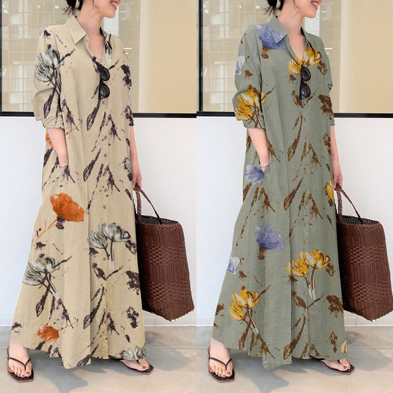 vestido de verão zanzea casual manga longa