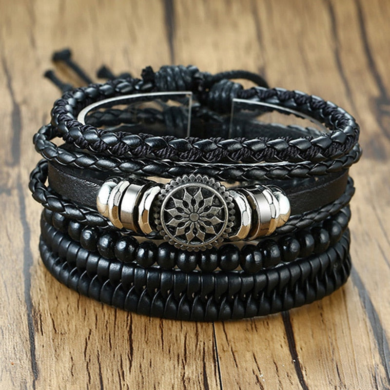 Vnox 4 pcs/set trançado wrap pulseiras de couro para homens vida do vintage árvore leme charme contas de madeira étnicas pulseiras tribais