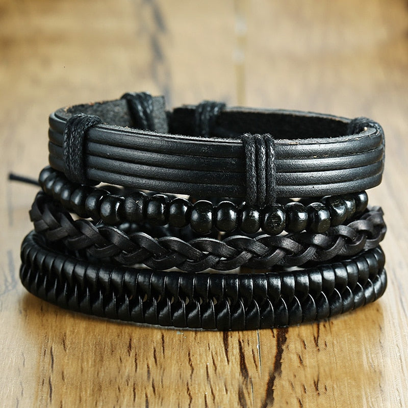 Vnox 4 pcs/set trançado wrap pulseiras de couro para homens vida do vintage árvore leme charme contas de madeira étnicas pulseiras tribais