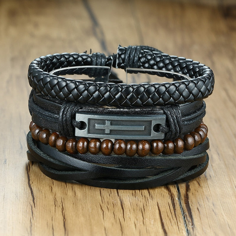 Vnox 4 pcs/set trançado wrap pulseiras de couro para homens vida do vintage árvore leme charme contas de madeira étnicas pulseiras tribais
