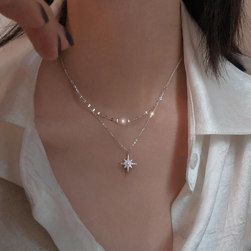 S925 sterling silver star moon colar duplo mulheres