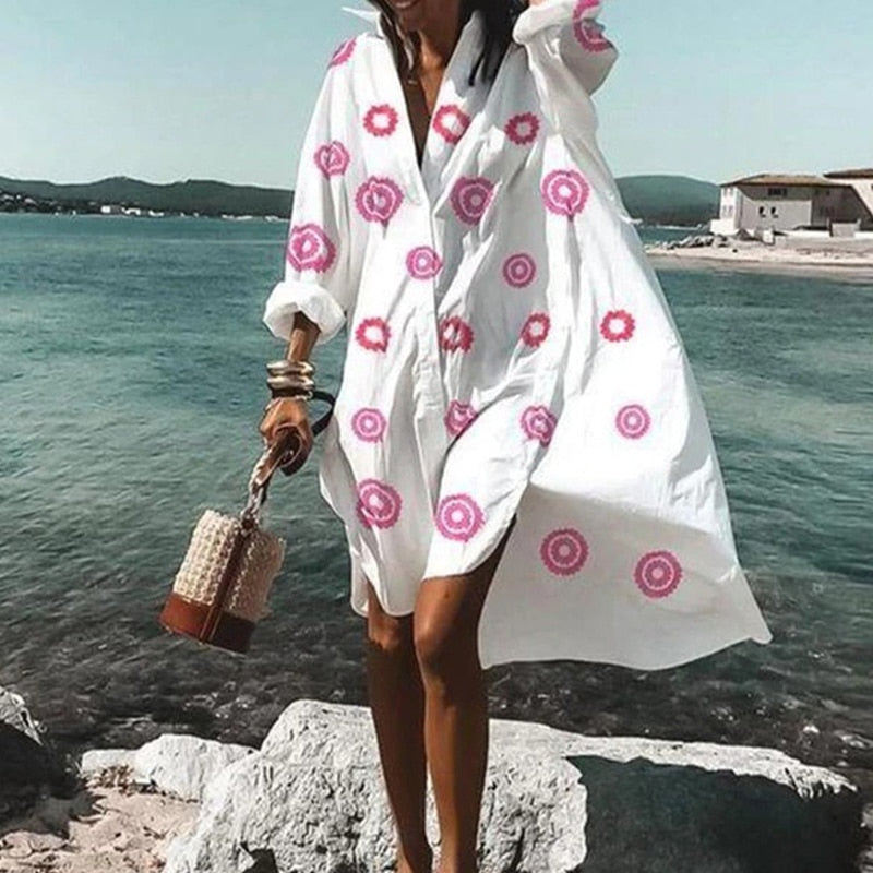 vestidos femininos de verão turn-down collar print casual manga comprida