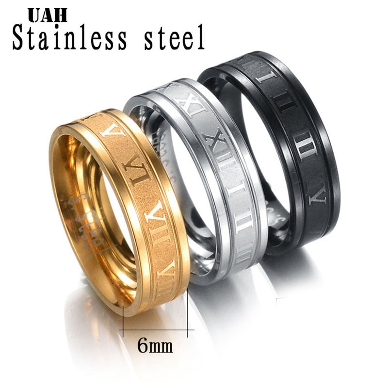 Uah 6 mm 316l anel de banda de casamento de aço inoxidável numerais romanos ouro preto legal punk anéis para mulheres masculinas moda jóias