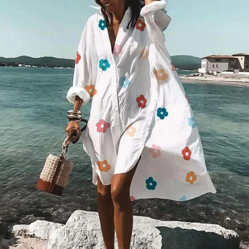 vestidos femininos de verão turn-down collar print casual manga comprida
