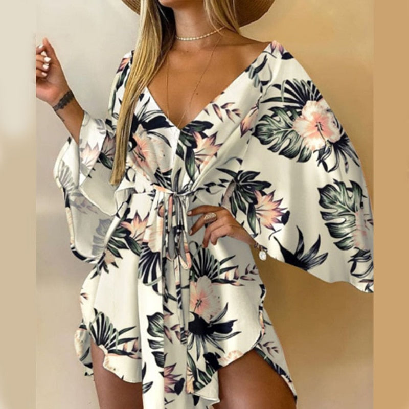 Novas mulheres do verão vestidos elegantes sexy v pescoço lace-up floral impresso