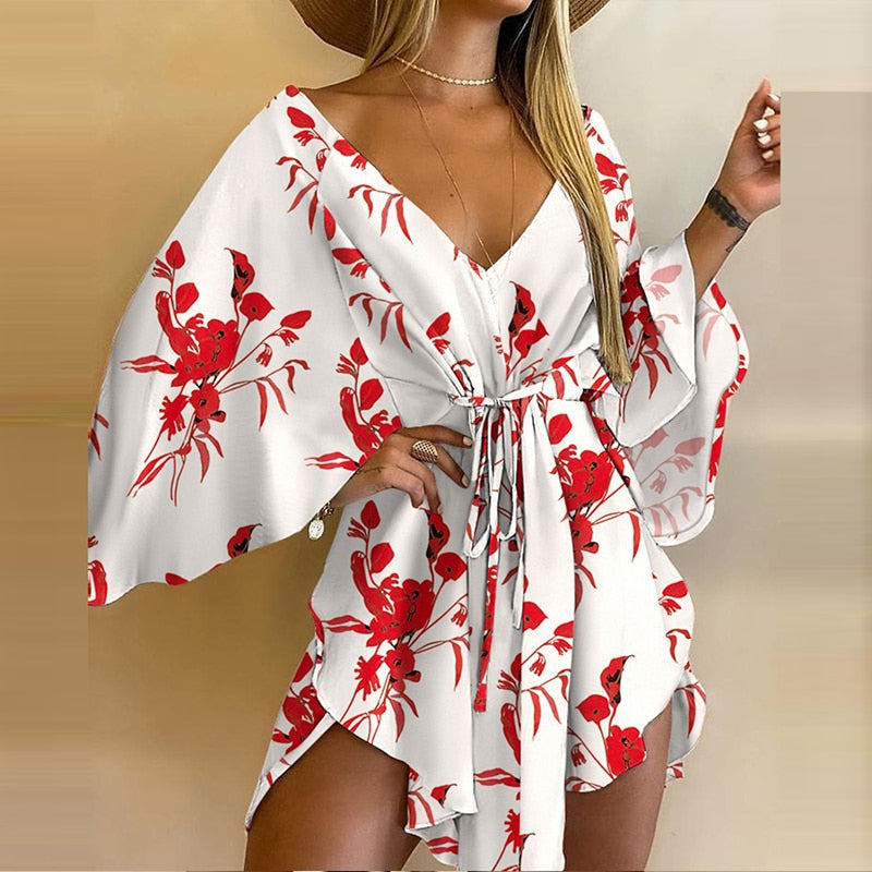 Novas mulheres do verão vestidos elegantes sexy v pescoço lace-up floral impresso