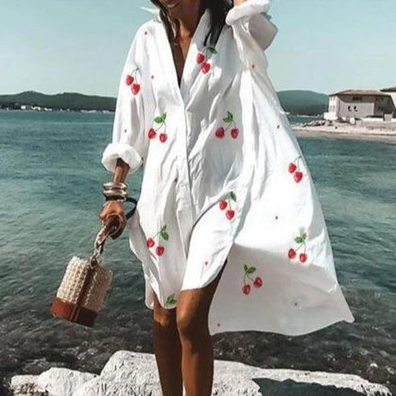vestidos femininos de verão turn-down collar print casual manga comprida