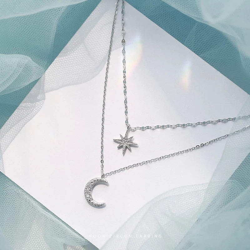 S925 sterling silver star moon colar duplo mulheres