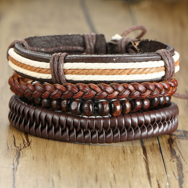Vnox 4 pcs/set trançado wrap pulseiras de couro para homens vida do vintage árvore leme charme contas de madeira étnicas pulseiras tribais