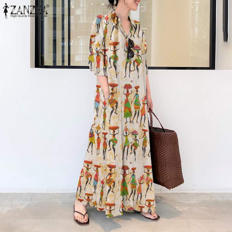 vestido de verão zanzea casual manga longa