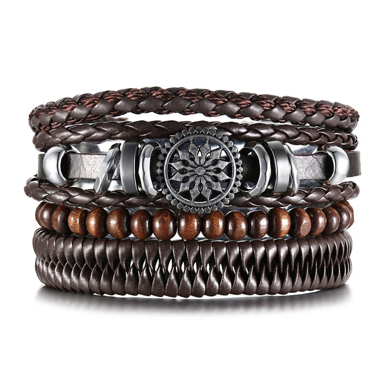 Vnox 4 pcs/set trançado wrap pulseiras de couro para homens vida do vintage árvore leme charme contas de madeira étnicas pulseiras tribais