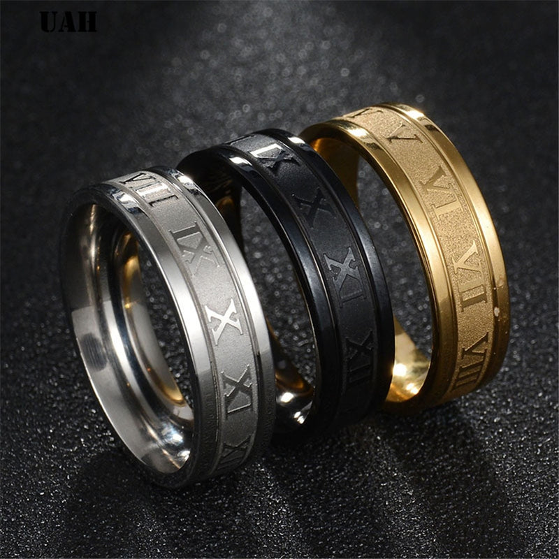 Uah 6 mm 316l anel de banda de casamento de aço inoxidável numerais romanos ouro preto legal punk anéis para mulheres masculinas moda jóias