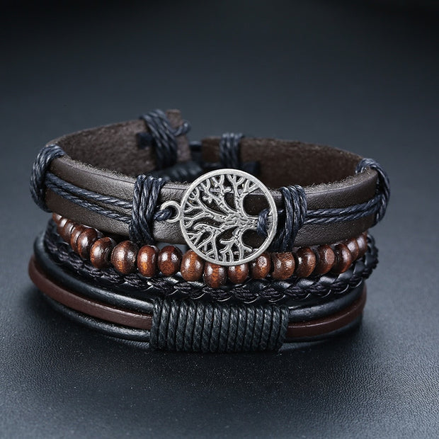 Vnox 4 pcs/set trançado wrap pulseiras de couro para homens vida do vintage árvore leme charme contas de madeira étnicas pulseiras tribais