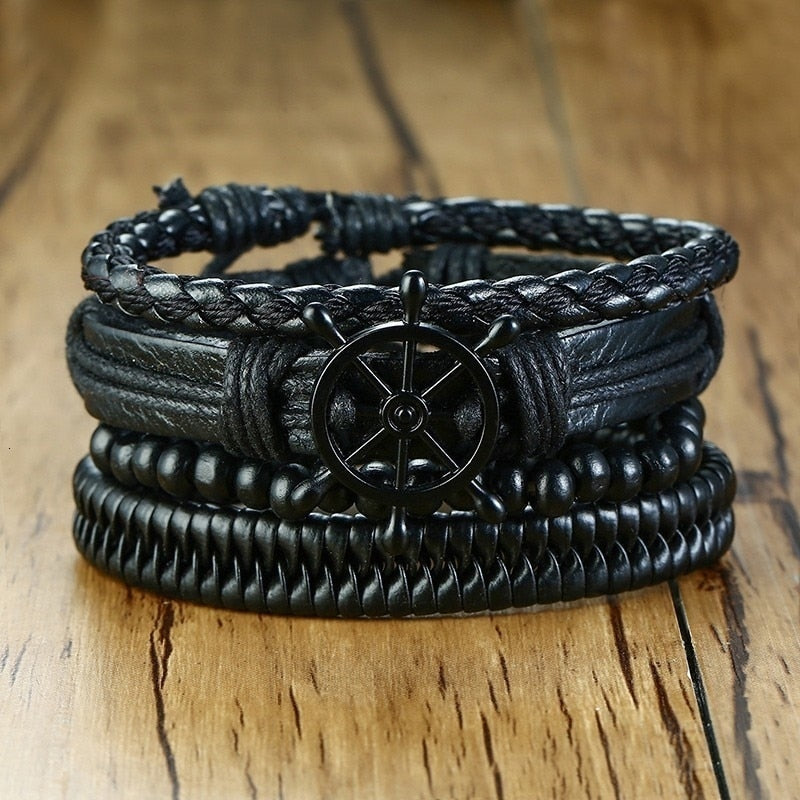 Vnox 4 pcs/set trançado wrap pulseiras de couro para homens vida do vintage árvore leme charme contas de madeira étnicas pulseiras tribais