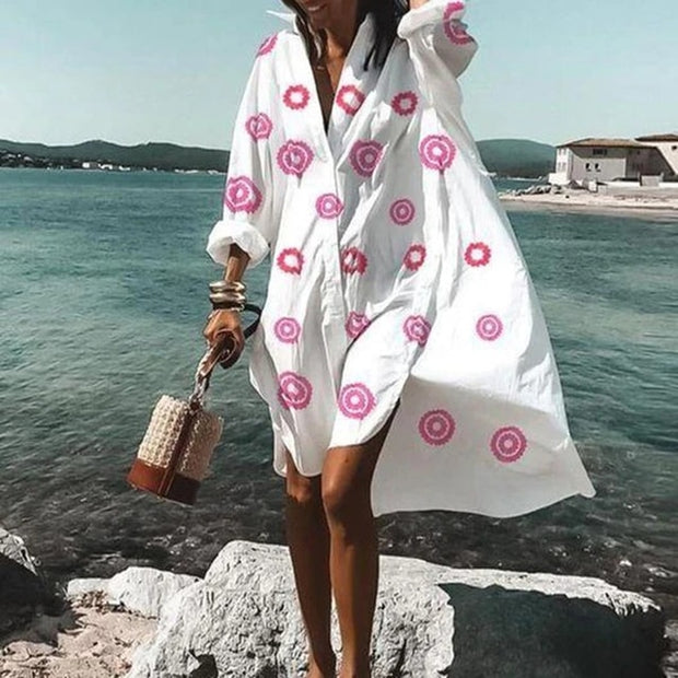 vestidos femininos de verão turn-down collar print casual manga comprida