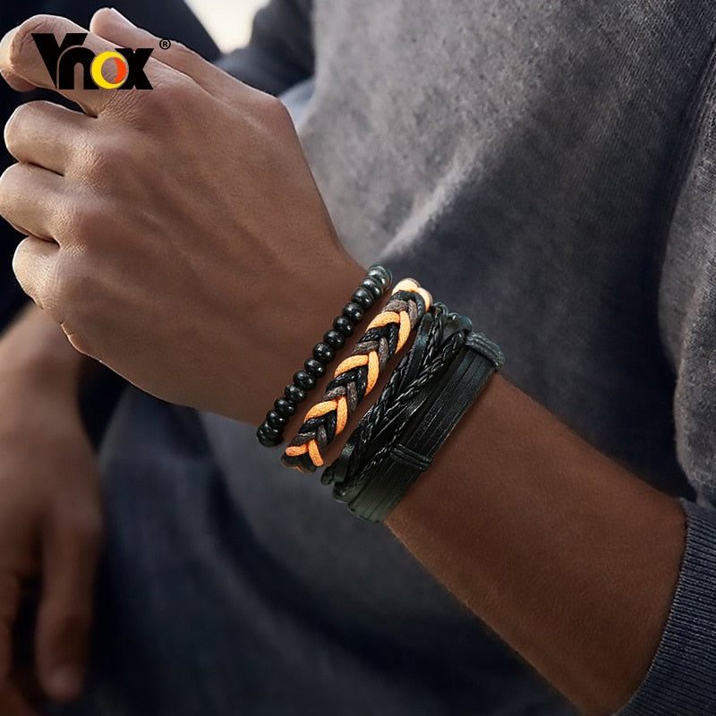 Vnox 4 pcs/set trançado wrap pulseiras de couro para homens vida do vintage árvore leme charme contas de madeira étnicas pulseiras tribais