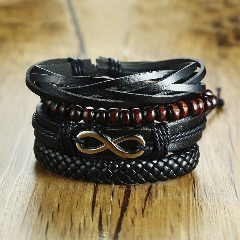 Vnox 4 pcs/set trançado wrap pulseiras de couro para homens vida do vintage árvore leme charme contas de madeira étnicas pulseiras tribais