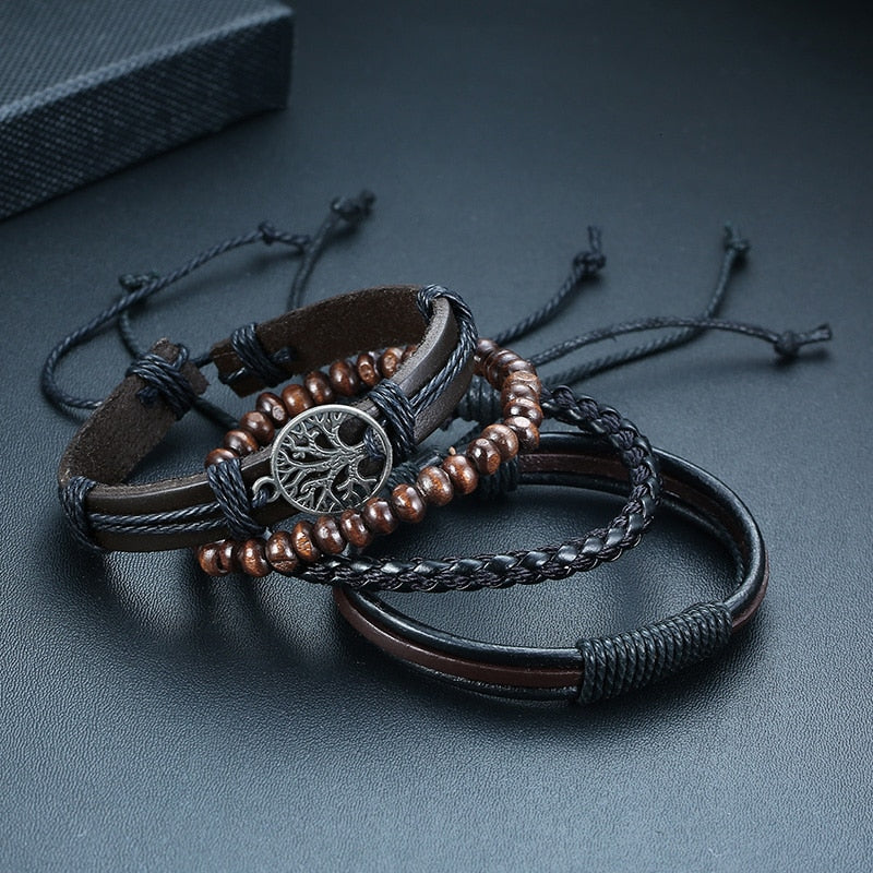 Vnox 4 pcs/set trançado wrap pulseiras de couro para homens vida do vintage árvore leme charme contas de madeira étnicas pulseiras tribais
