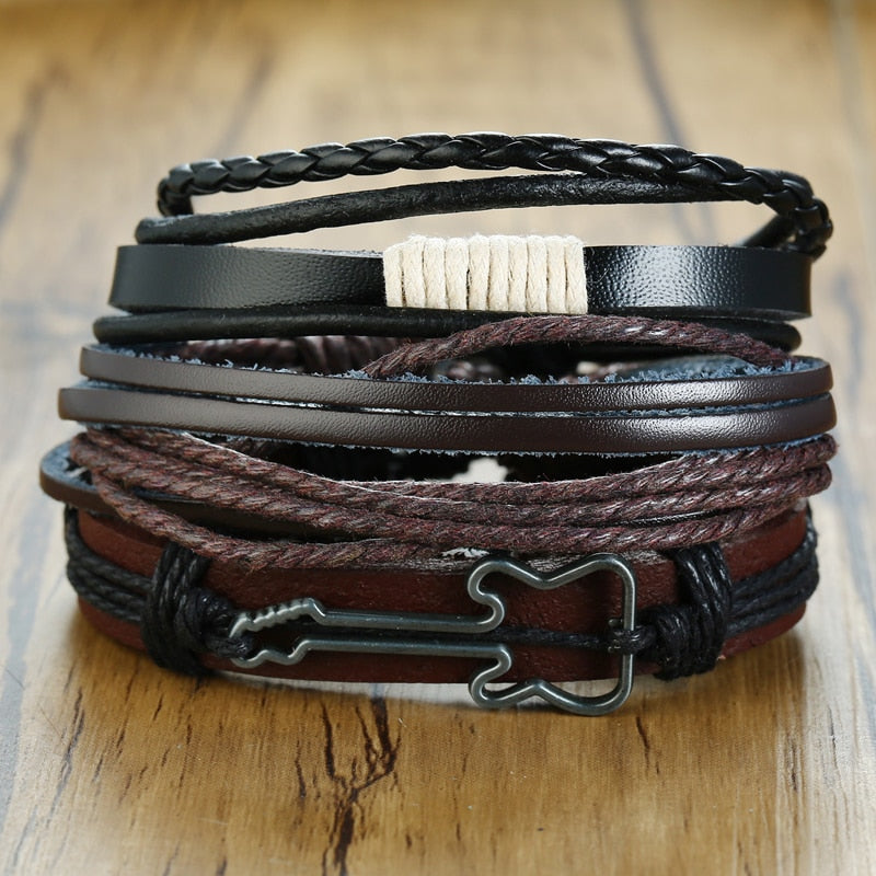 Vnox 4 pcs/set trançado wrap pulseiras de couro para homens vida do vintage árvore leme charme contas de madeira étnicas pulseiras tribais