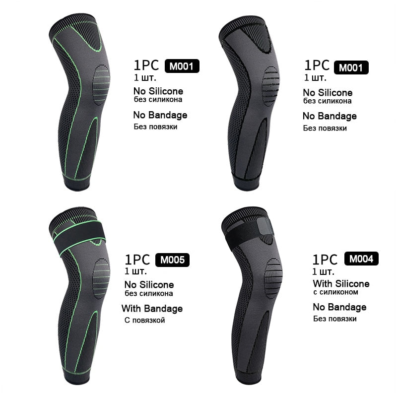 Bandagem elástica de pressão para joelho, joelheiras longas para vôlei e outros esportes, proteção de silicone preto