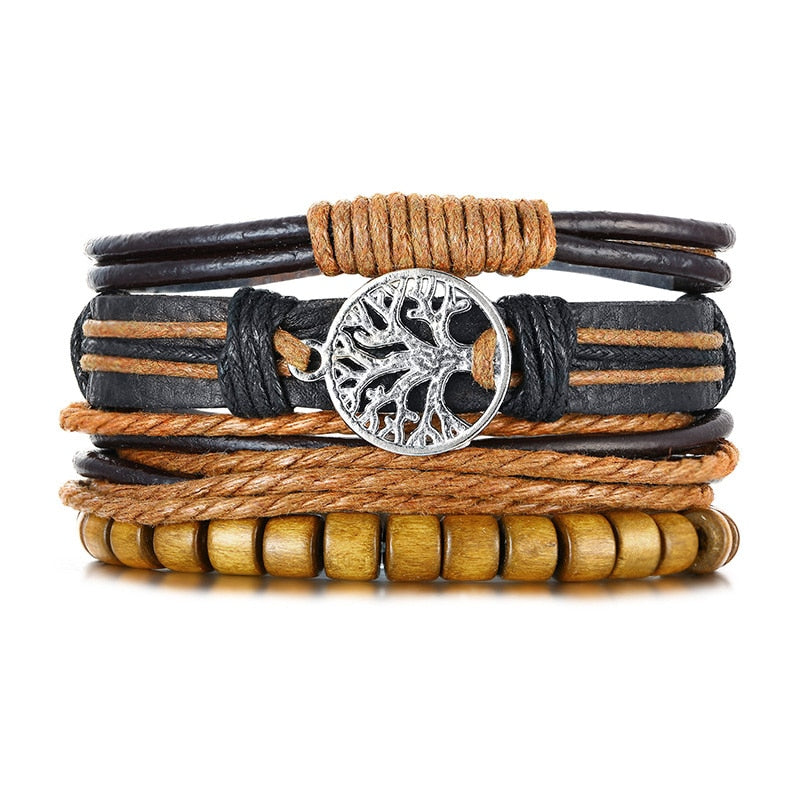 Vnox 4 pcs/set trançado wrap pulseiras de couro para homens vida do vintage árvore leme charme contas de madeira étnicas pulseiras tribais